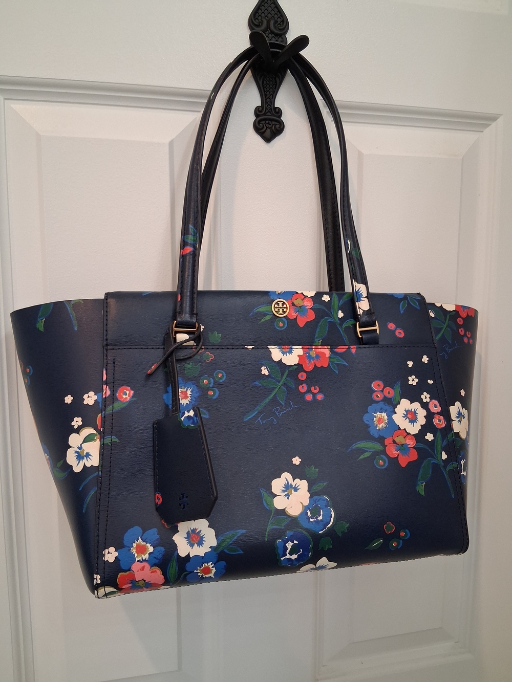 Tory Burch Navy Floral Leather Tote with Gold Hardware